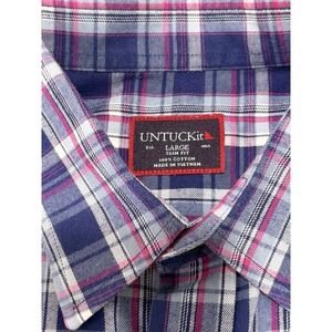 Untuckit Mens Button Up Shirt Slim Fit Size Large Blue Pink Plaid Cotton Preppy